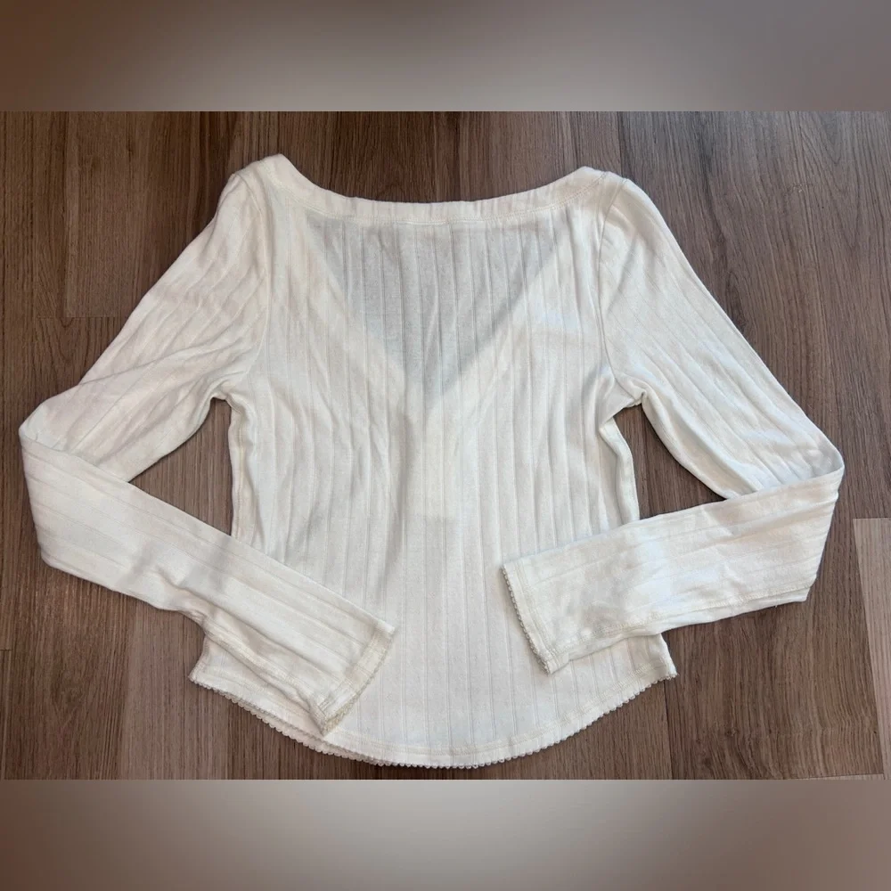 Free People Long Sleeve White Ribbed Henley Medium